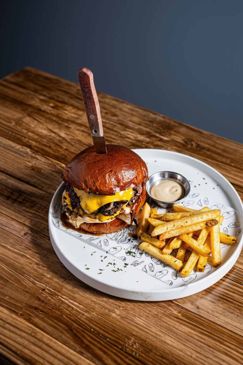 Doble carne con cheddar y papas de la casa, servida en mesa de madera
